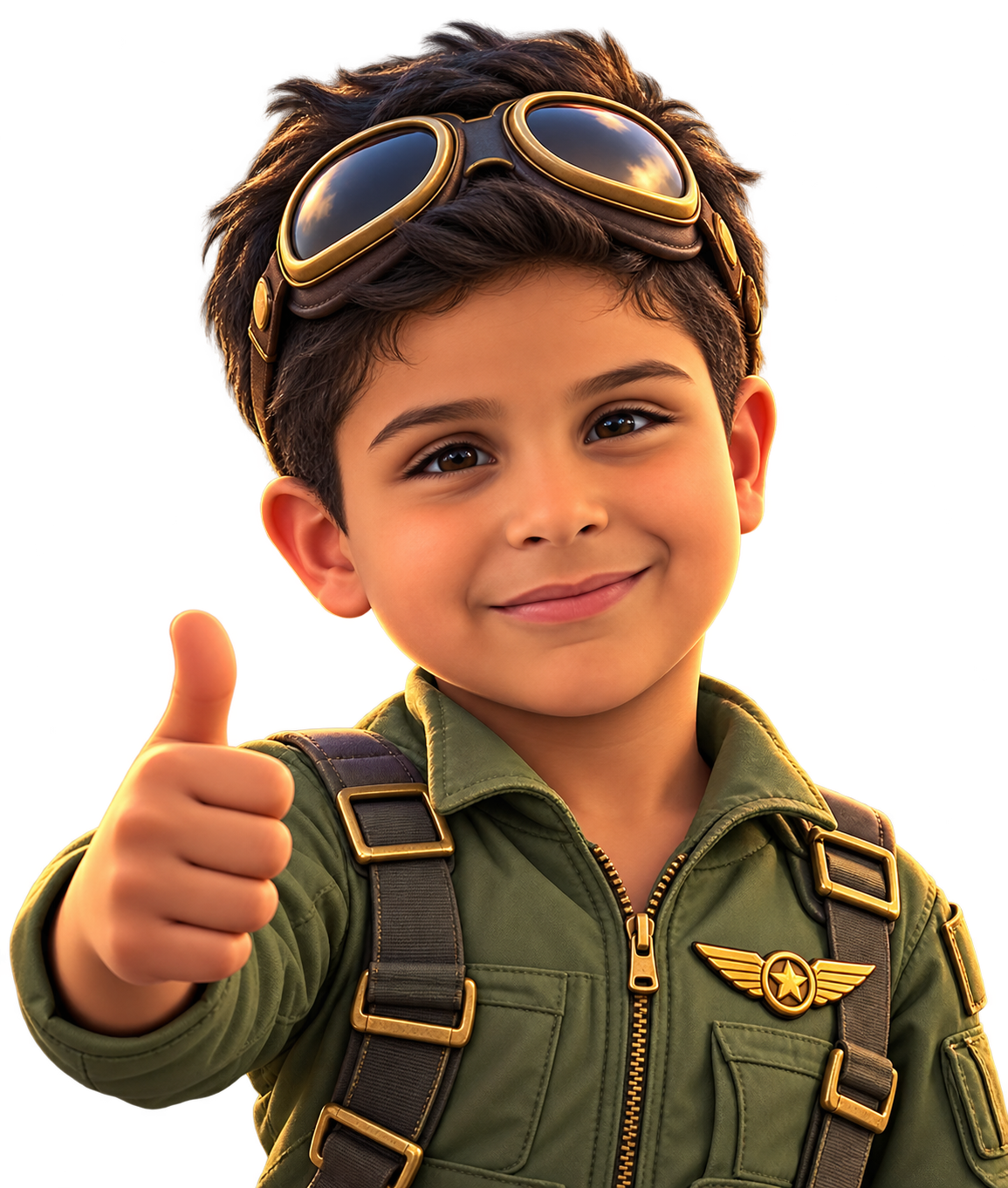 Capitão Pedro, jovem piloto com uniforme verde e óculos de aviador
